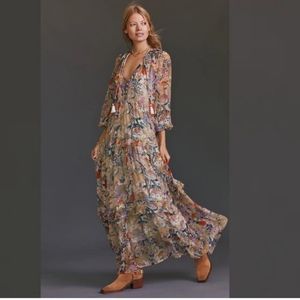 Anthropologie Tiered Floral Marais Maxi Dress Size Medium Owls & Hedgehogs